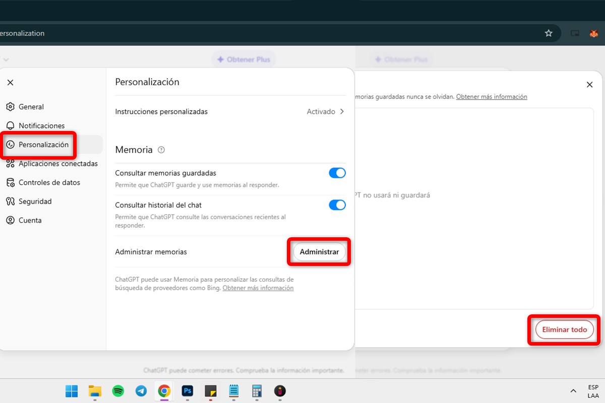 Cómo borrar el historial y la memoria de ChatGPT en el ordenador - Memorias guardadas