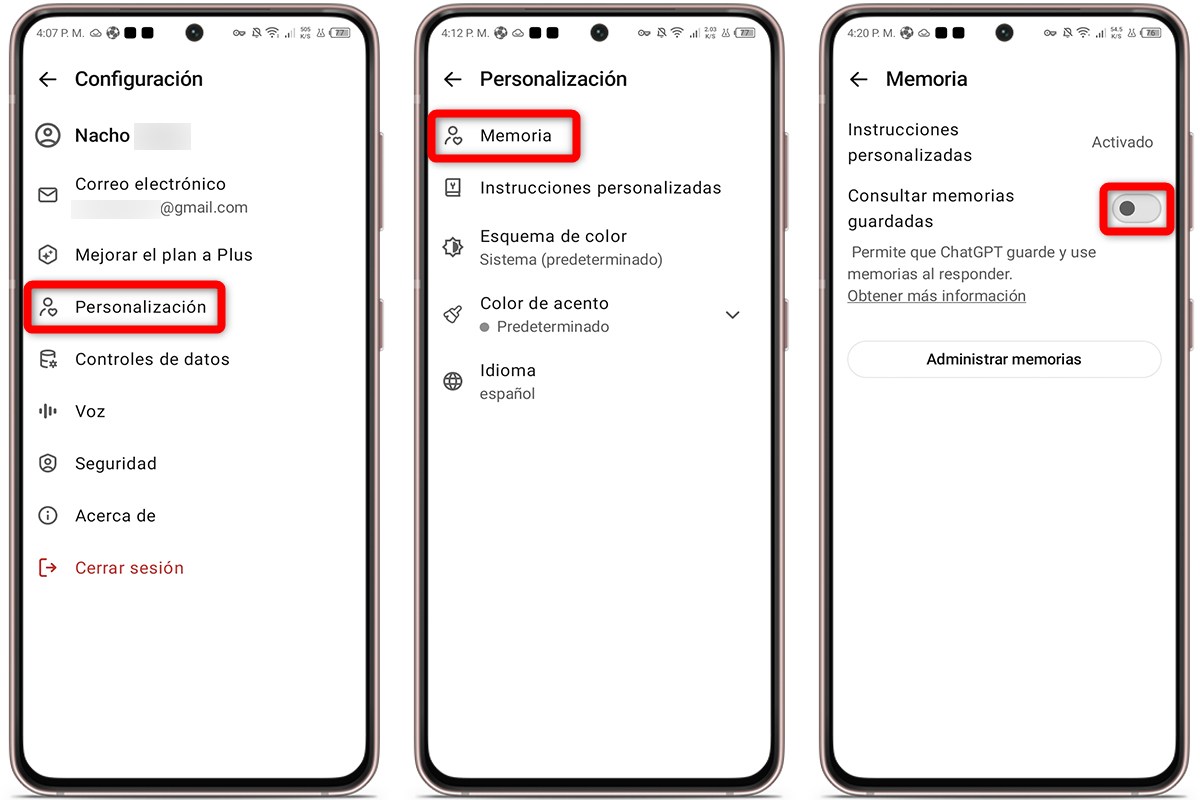 Pasos para desactivar la memoria de ChatGPT desde el móvil