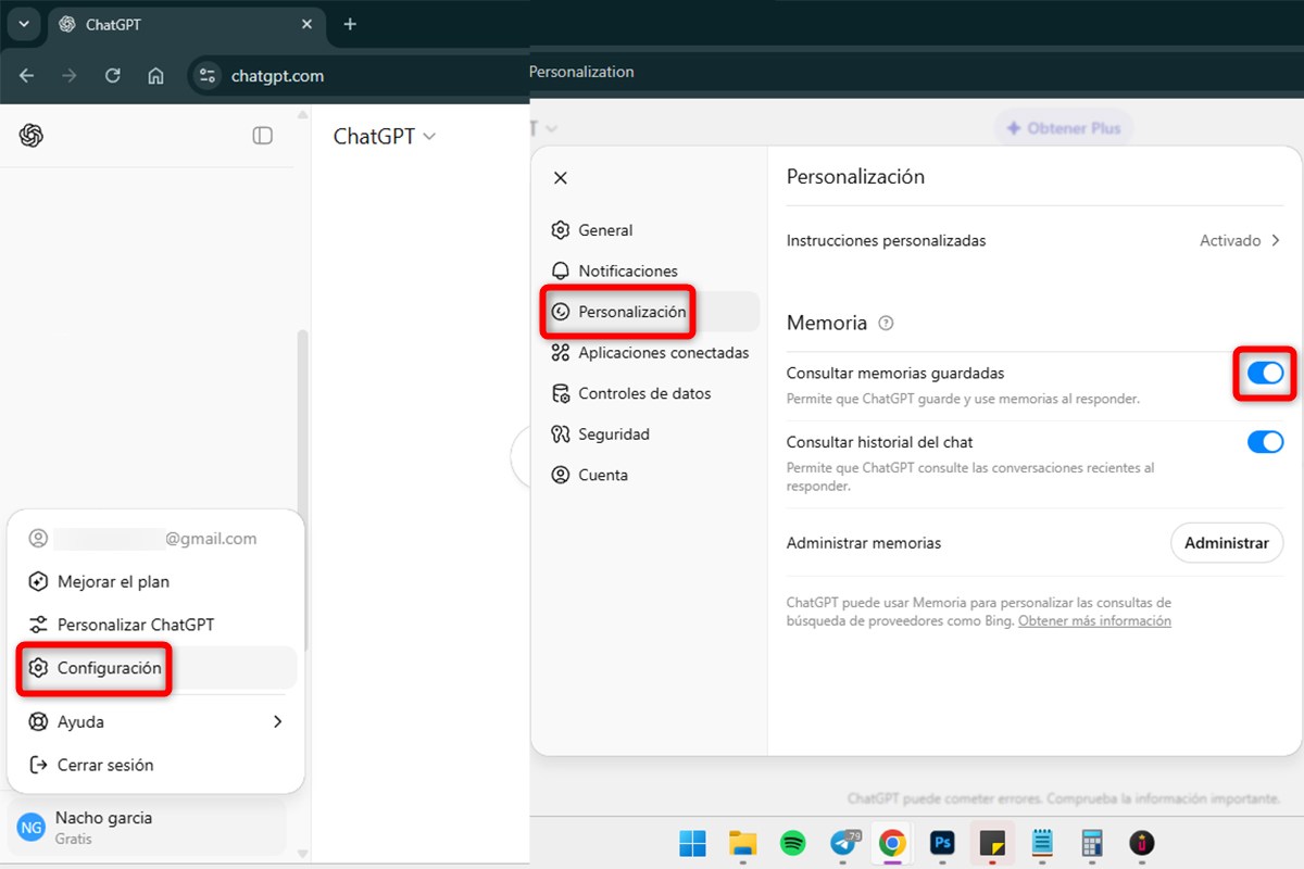 Pasos para desactivar la memoria de ChatGPT desde el ordenador