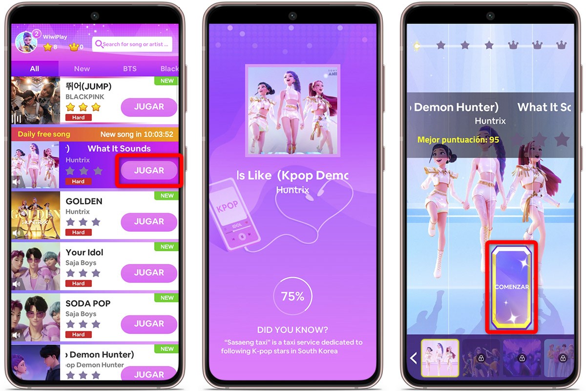 Pasos para tocar canciones de Huntrix y BlackPink en Kpop Piano Star