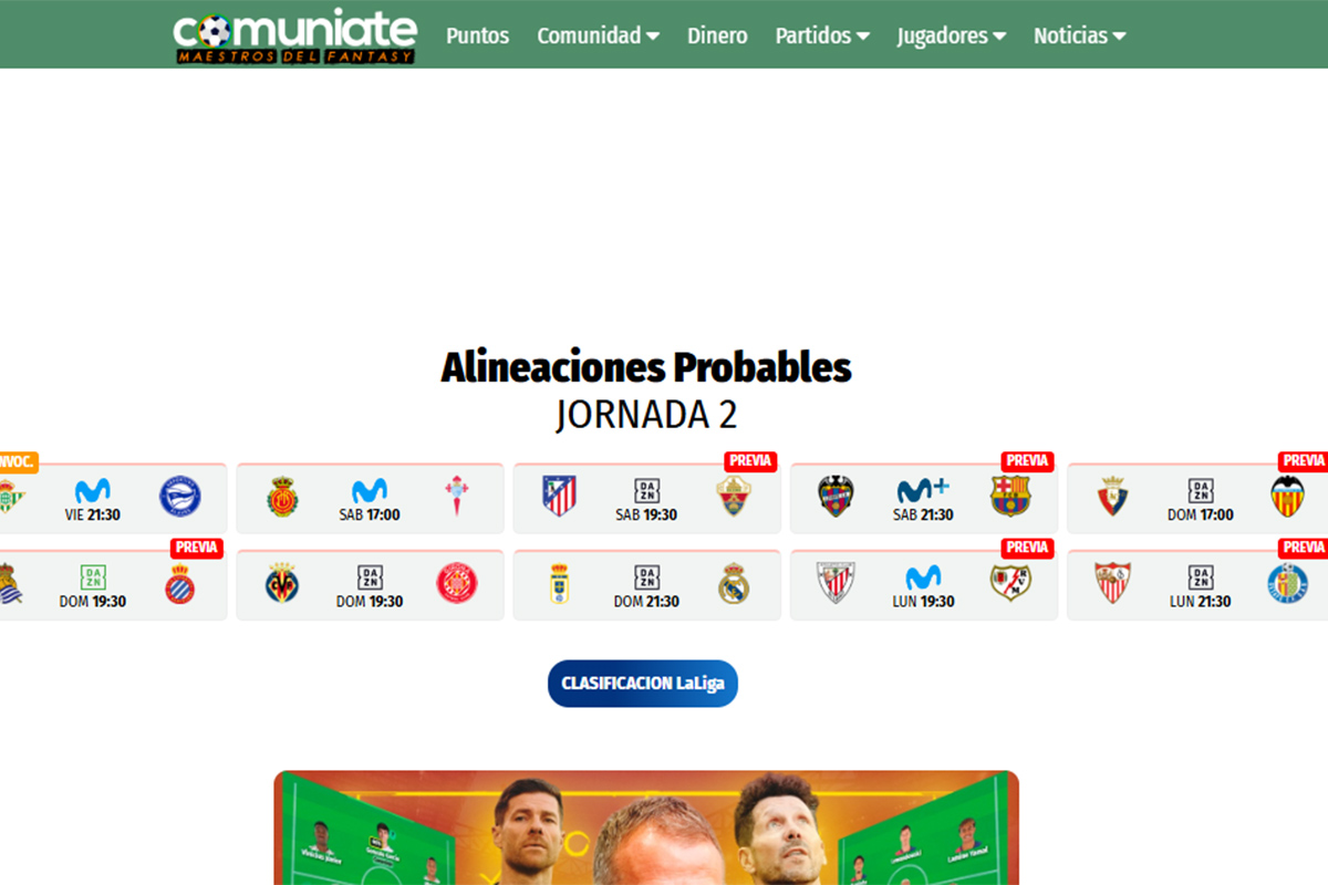 Mejores webs analíticas con alineaciones probables de la LaLiga Fantasy - Comuniate