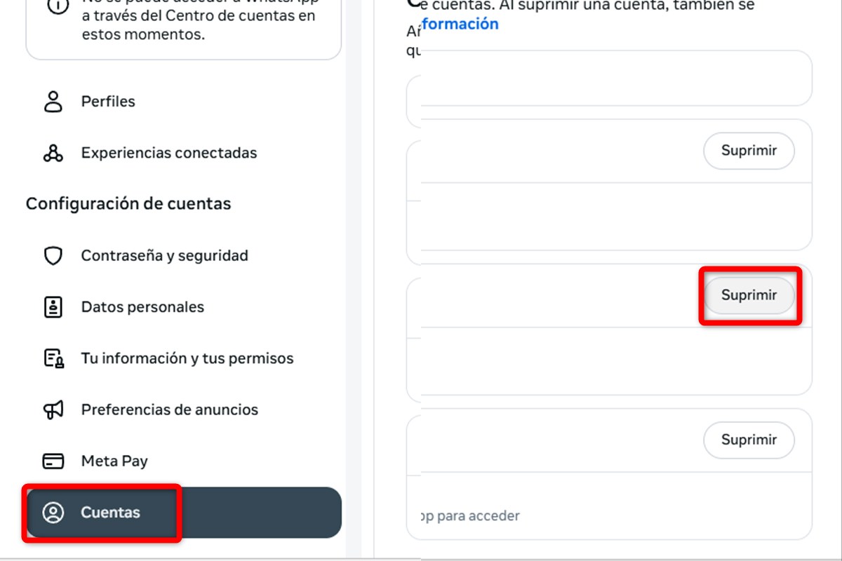 Toca en "Suprimir" para desvincular tu cuenta en Facebook
