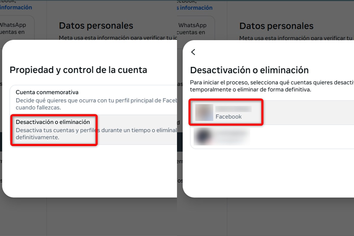 Entra en propiedad y control de la cuenta para desactivar o eliminar un perfil de Facebook