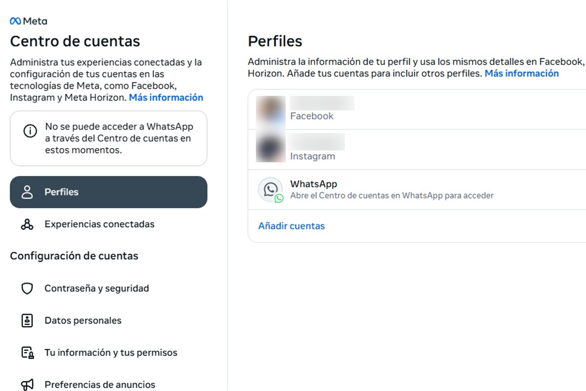 Así se ve el Centro de Cuentas de Meta en Facebook