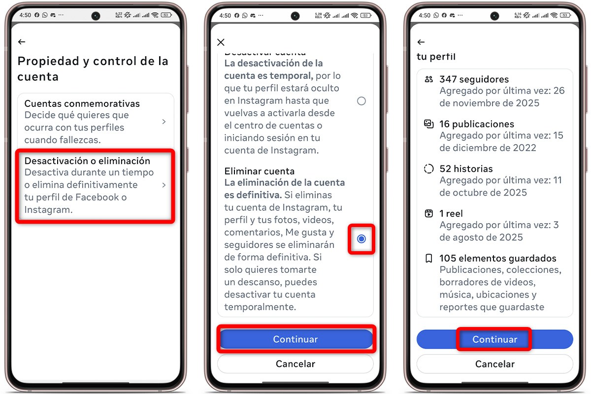 Toca esto en desactivación o eliminación  para borrar Instagram para siempre